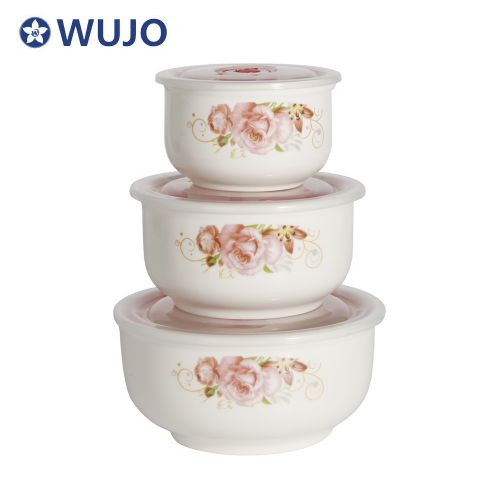 WUJO Microwave Safe Ceramic Bowl Set 3pcs Ceramic Storage Bowl Sets with Lid