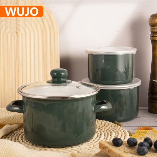 WUJO Carbon Steel Enamel Pot Set Cookware with Bowl for Kitchen Utensil