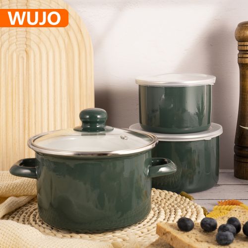 WUJO Carbon Steel Enamel Pot Set Cookware with Bowl for Kitchen Utensil