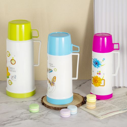 WUJO manufacturer 0.45L 0.6L 1L 1.8L butterfly plastic glass inner travel thermos vacuum flask with 2 cups