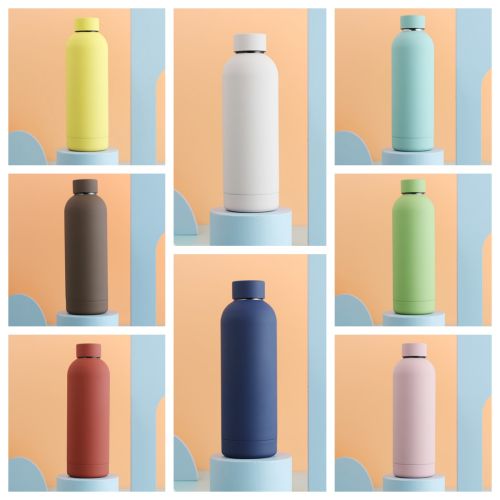 WUJO Soft Rubber Coating Double Walled Small Mouth 18/8 Stainless Steel Sports Thermos Vacuum Insulated Water Bottle