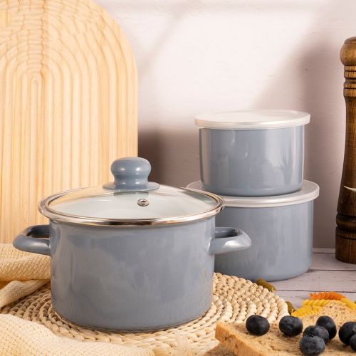 WUJO Carbon Steel Enamel Pot Set Cookware with Bowl for Kitchen Utensil
