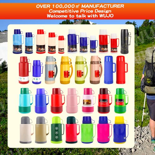 WUJO manufacturer 0.45L 0.6L 1L 1.8L butterfly plastic glass inner travel thermos vacuum flask with 2 cups