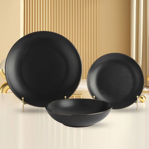 WUJO European Style Black 18 pcs Ceramic Dinnerware Stoneware Dinner Sets for 6 People