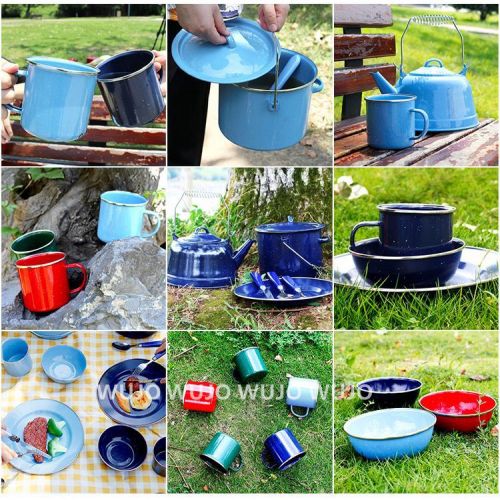 WUJO Tableware Dinnerware Set White Enamel Camping Set