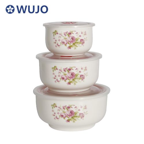 WUJO Microwave Safe Ceramic Bowl Set 3pcs Ceramic Storage Bowl Sets with Lid