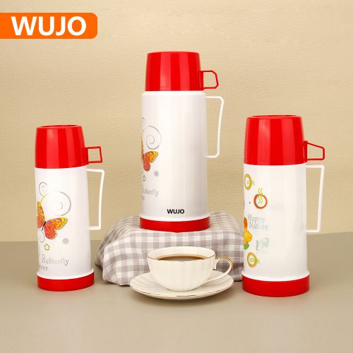 WUJO manufacturer 0.45L 0.6L 1L 1.8L butterfly plastic glass inner travel thermos vacuum flask with 2 cups