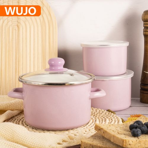 WUJO Carbon Steel Enamel Pot Set Cookware with Bowl for Kitchen Utensil