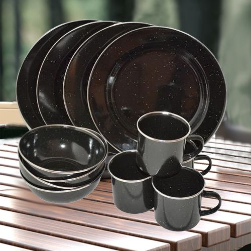 WUJO Picnic Tableware Set Metal Steel Vintage Camping Enamel Coffee Cup Sets