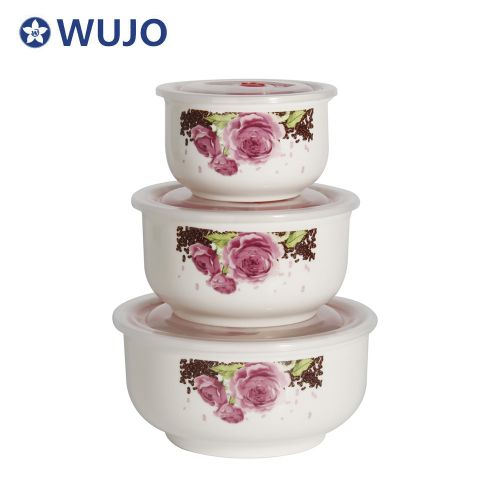 WUJO Microwave Safe Ceramic Bowl Set 3pcs Ceramic Storage Bowl Sets with Lid