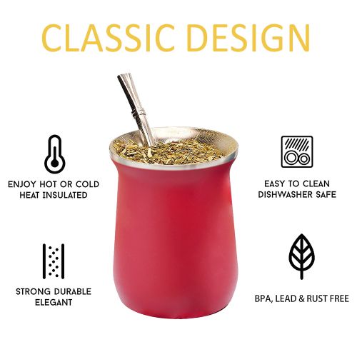 WUJO Double Wall Stainless Steel Insulted Yerba Mate Gourd Cup With Straw